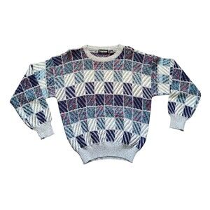 Vintage 80s Geometric Patchwork Knit Sweater Men’s Abstract Pattern Retro LARGE